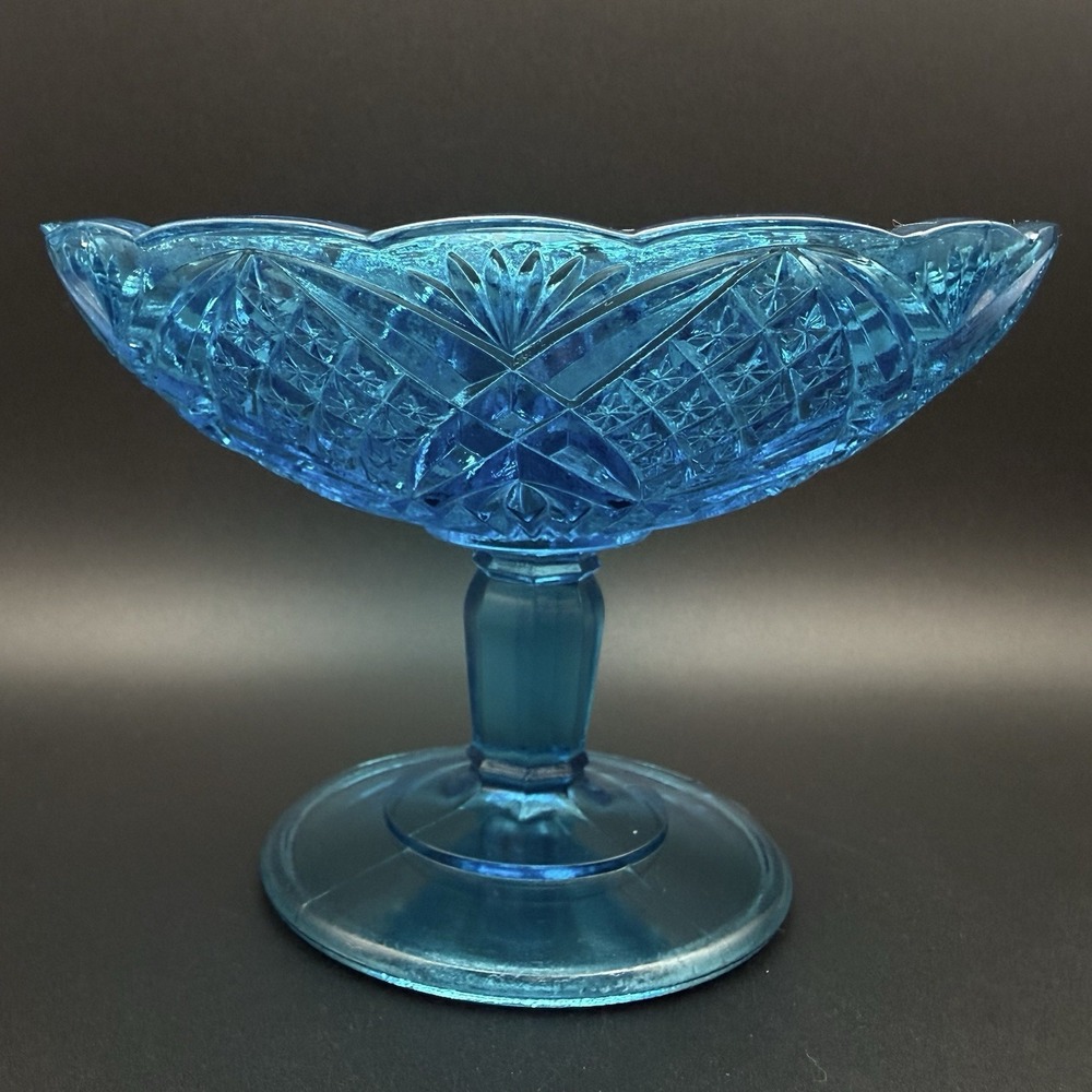 Vintage Kemple Aqua Blue Pressed Glass Pedestal Compote Bowl Candy Dish MCM